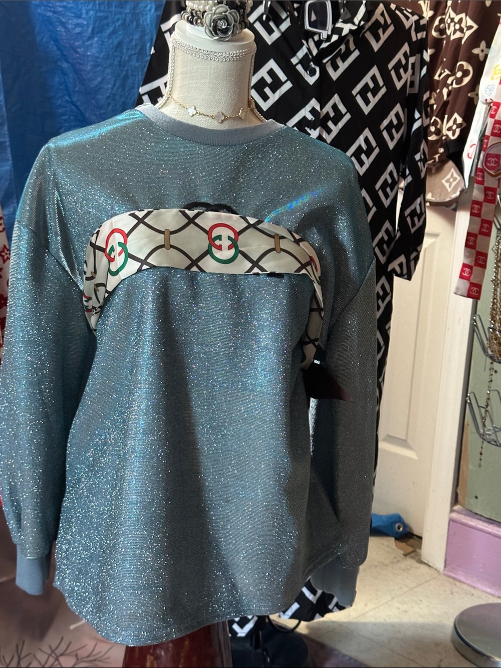 Metallic Blue Glitter Pullover Sweater with Logo-Inspired Accent